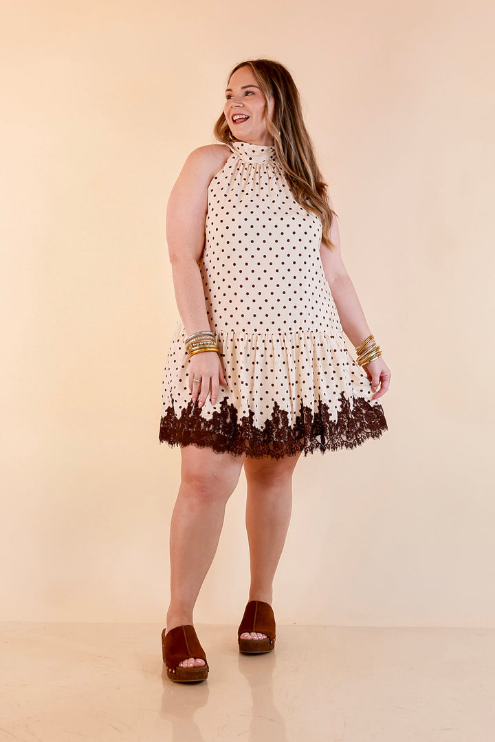 Something to Love Polka Dot Lace Trim Halter Dress in Ivory and Chocolate Brown