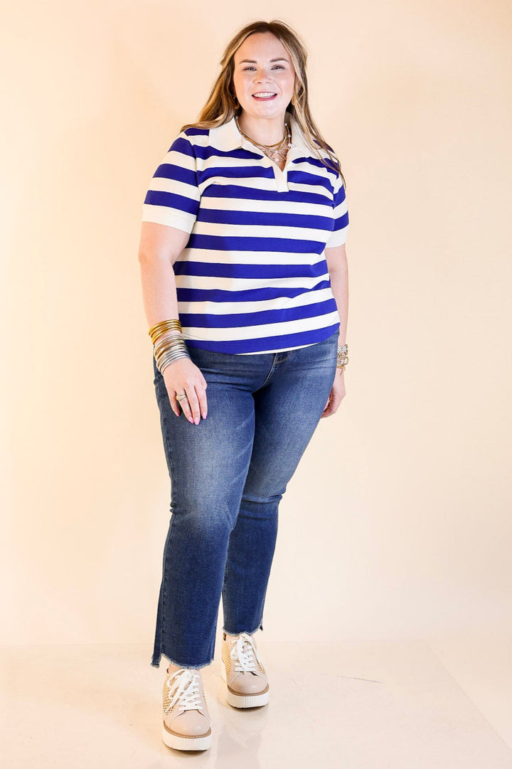 Statement in Stripes Short Sleeve Collared Shirt with Stripes in Blue