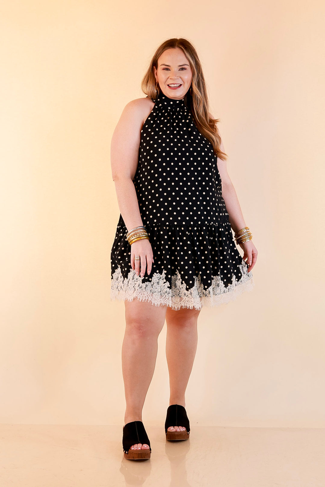 Something to Love Polka Dot Lace Trim Halter Dress in Black and Ivory