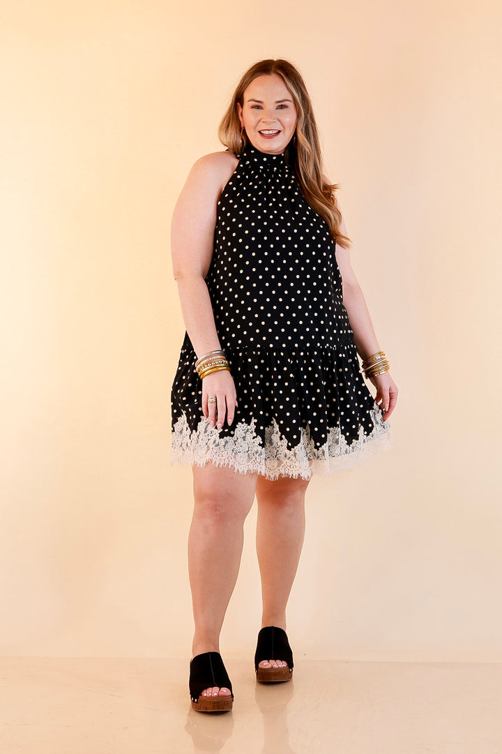 Something to Love Polka Dot Lace Trim Halter Dress in Black and Ivory