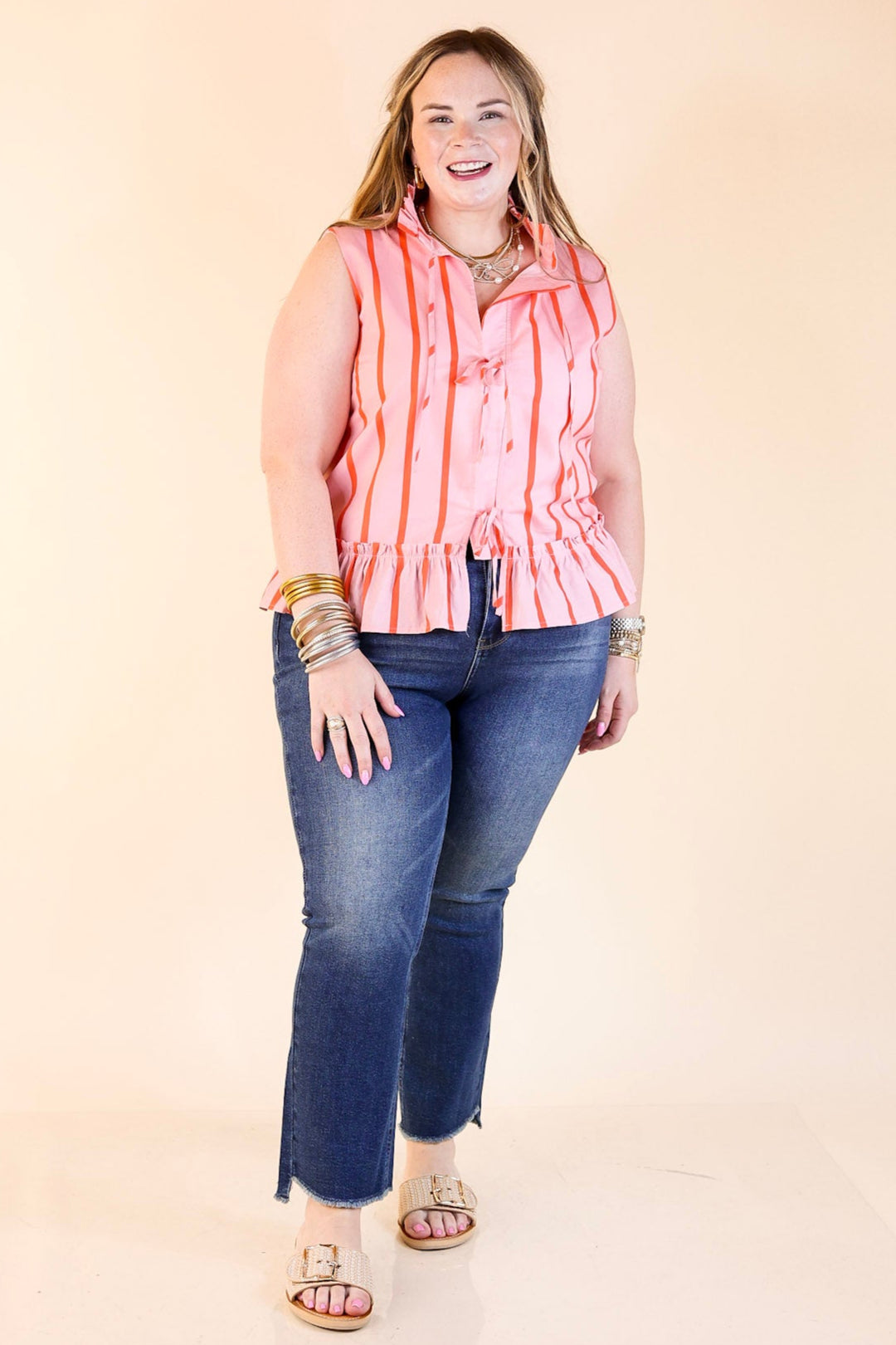 Bow Babe Striped Self Tie Peplum Blouse in Pink