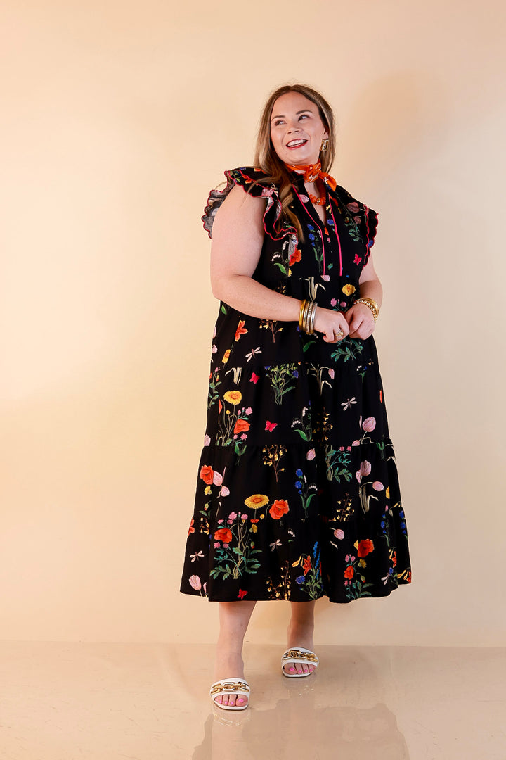 Flourishing Charm Floral Ruffle Cap Sleeve Tiered Midi Dress in Black