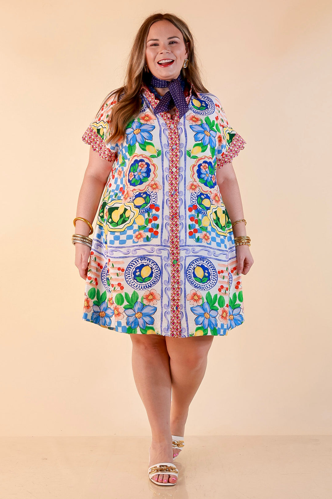 Tuscan Daydream Floral Border Print Button Front Mini Dress in Blue Multi