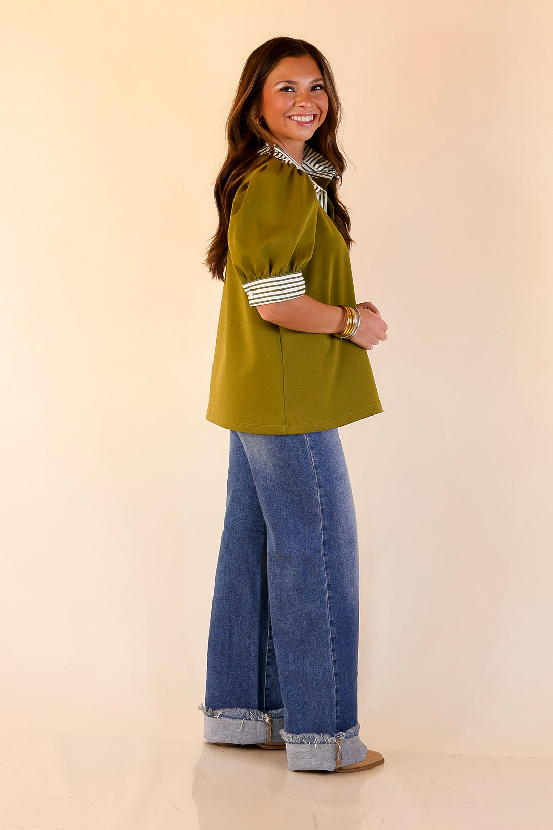 Refined Edge Short Puff Sleeve Top with Striped Collar in Olive Green