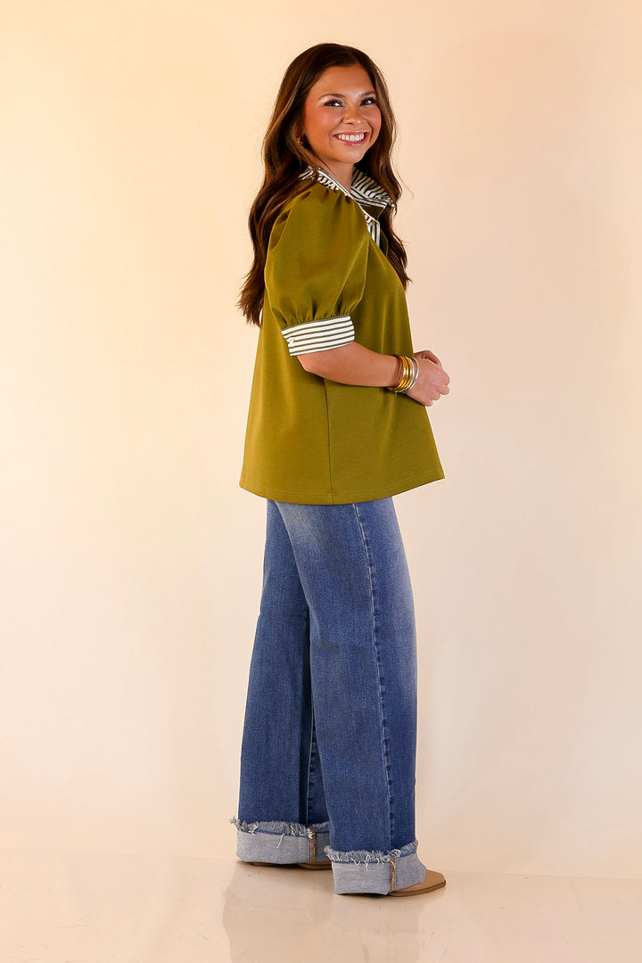 Refined Edge Short Puff Sleeve Top with Striped Collar in Olive Green