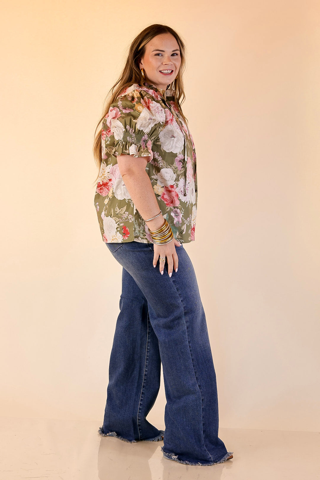 Freshly Picked Floral Print Top with Short Puff Sleeves in Olive Green