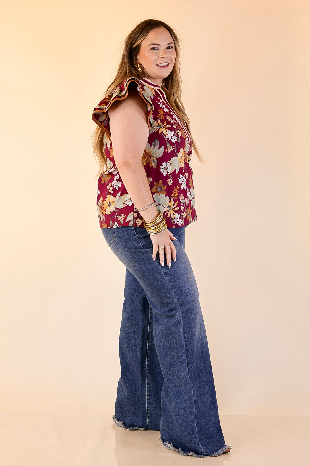 Fresh Perspective V Neck Floral Top with Ruffle Cap Sleeves in Maroon