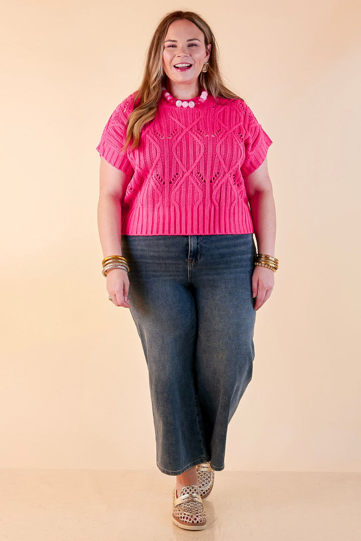 Knit to Last Cable Knit Short Sleeve Sweater Top in Hot Pink