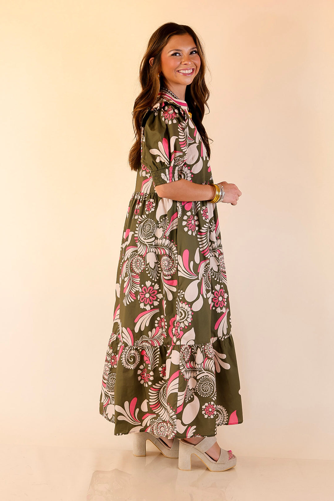 First Impressions V Neck Paisley Midi Dress in Olive Green and Pink Mix