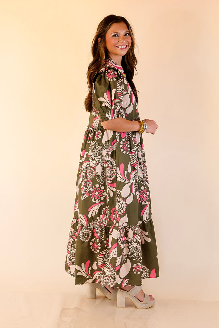First Impressions V Neck Paisley Midi Dress in Olive Green and Pink Mix