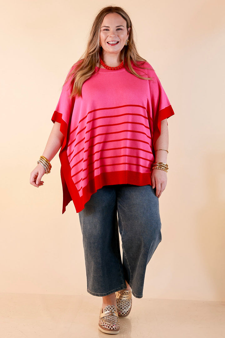 Casual to Chic Short Sleeve Striped Poncho Top in Pink and Red