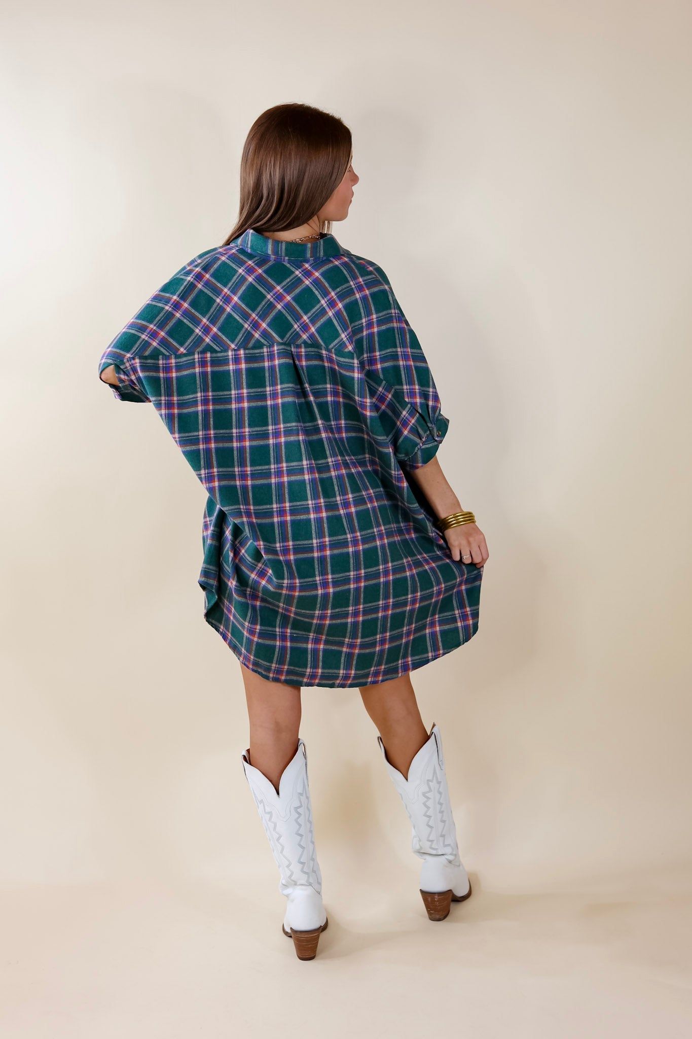 Cozy And Kind Button Up Plaid Dress in Green - Giddy Up Glamour Boutique