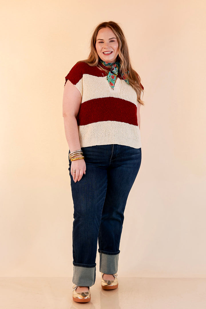 The Style Standard Striped Sleeveless Sweater Knit Top in Burgundy and Ivory