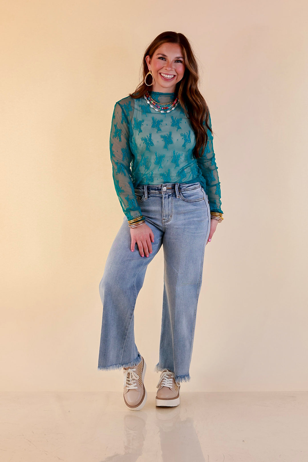Delicate Charm Long Sleeve Sheer Lace Top with Mock Neck in Turquoise Blue