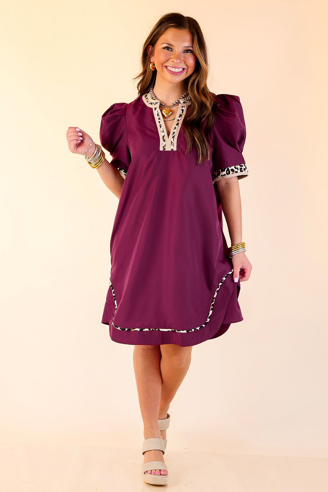Standout Style Dress with Short Balloon Sleeves and Leopard Print Trim in Maroon