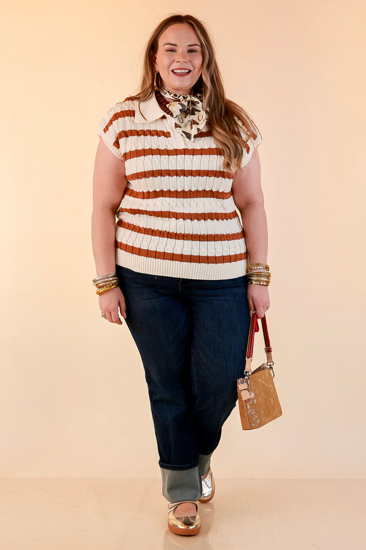 Signature Stripe Drop Shoulder Cable Knit Collared Polo Top in Ivory with Camel Brown Stripes