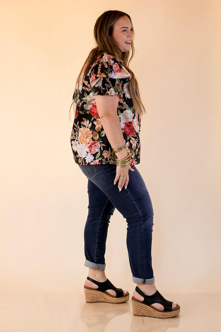 Freshly Picked Floral Print Top with Short Puff Sleeves in Black