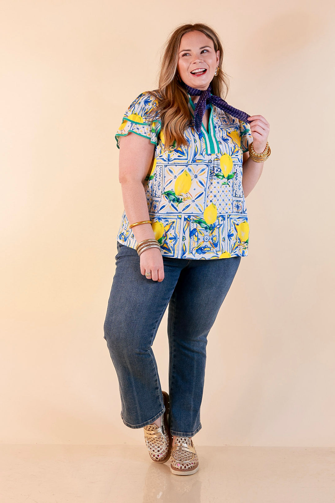 Amalfi Afternoon Lemon Tile Print Flutter Sleeve Split Neck Top in Ivory, Blue and Yellow