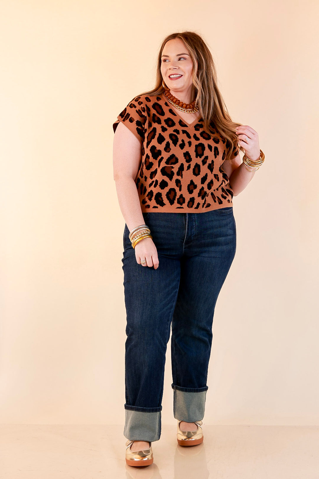 Natural Instinct Leopard Print V-Neck Sweater Knit Top in Camel and Black