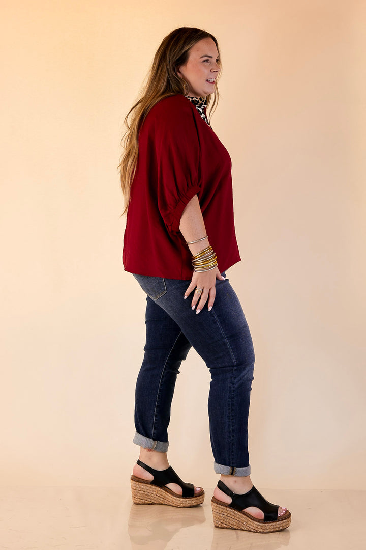 Naturally Stylish Leopard Print Trim Poncho Top in Maroon