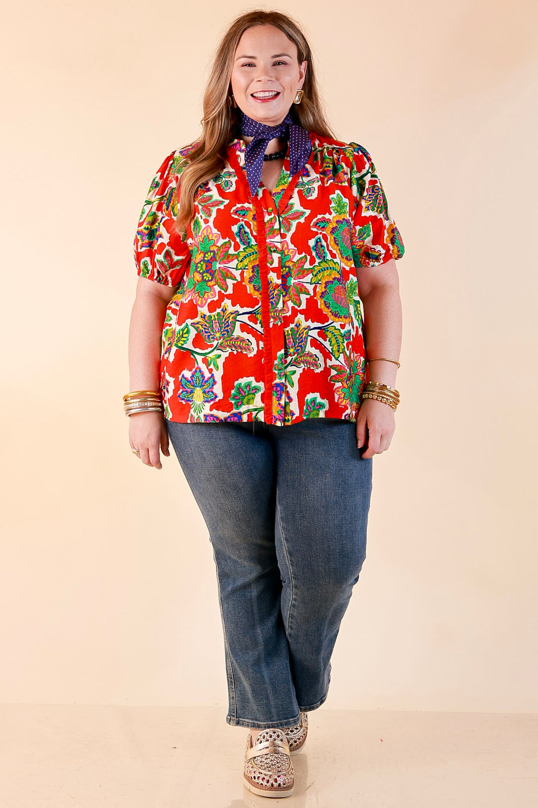 Petal Pop Floral Print Ruffle Front Button Up Top with Puff Sleeves in Red