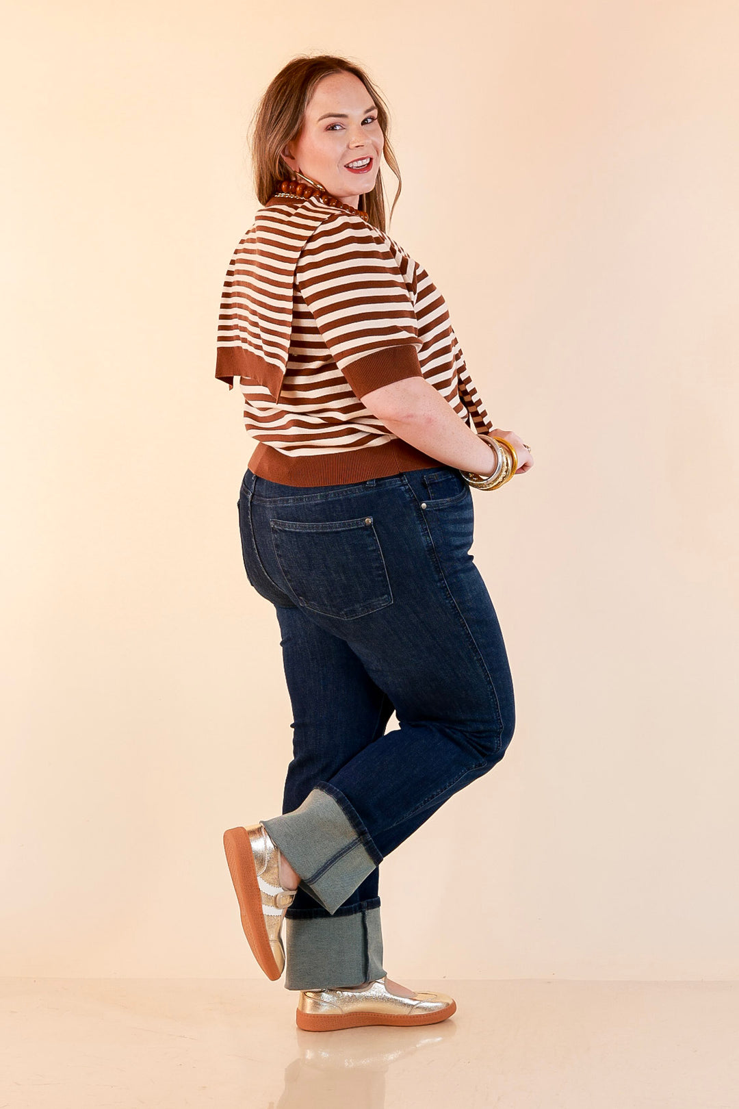 Leading Lady Faux Sweater Tie Detail Short Sleeve Striped Knit Top in Brown and Ivory
