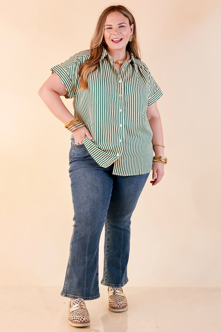 Closet Essential Striped Button Up Short Sleeve Collared Top in Green