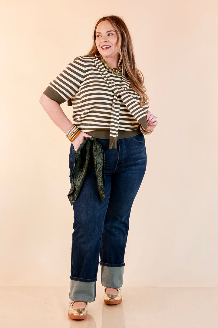 Leading Lady Faux Sweater Tie Detail Short Sleeve Striped Knit Top in Olive and Ivory