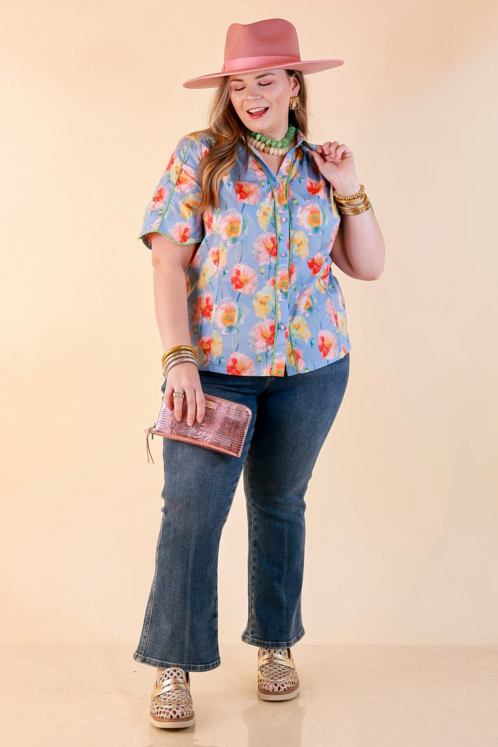 Petals and Plans Poppy Floral Print Button Up Collar Blouse in Dusty Blue