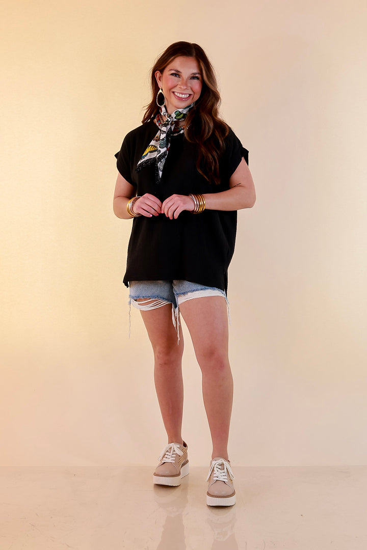 Always Appropriate Short Sleeve Linen Top with Rolled Sleeve Detail in Black