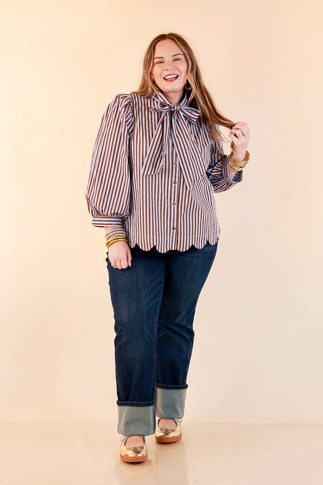 In Good Company Striped Bow Neck Scalloped Hem Blouse in Blue and Brown