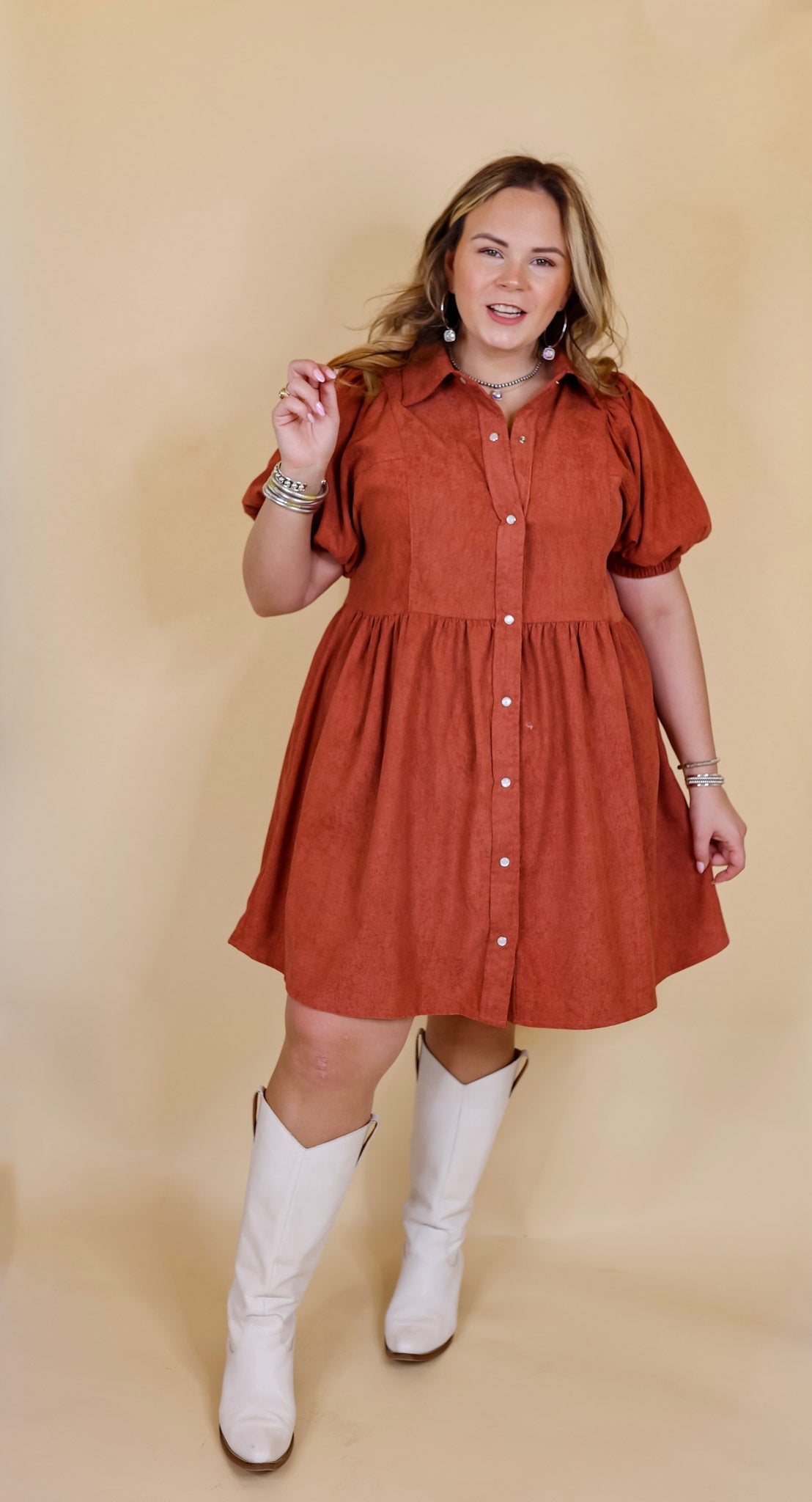 Adventures Ahead Button Up Corduroy Babydoll Dress in Terracotta - Giddy Up Glamour Boutique