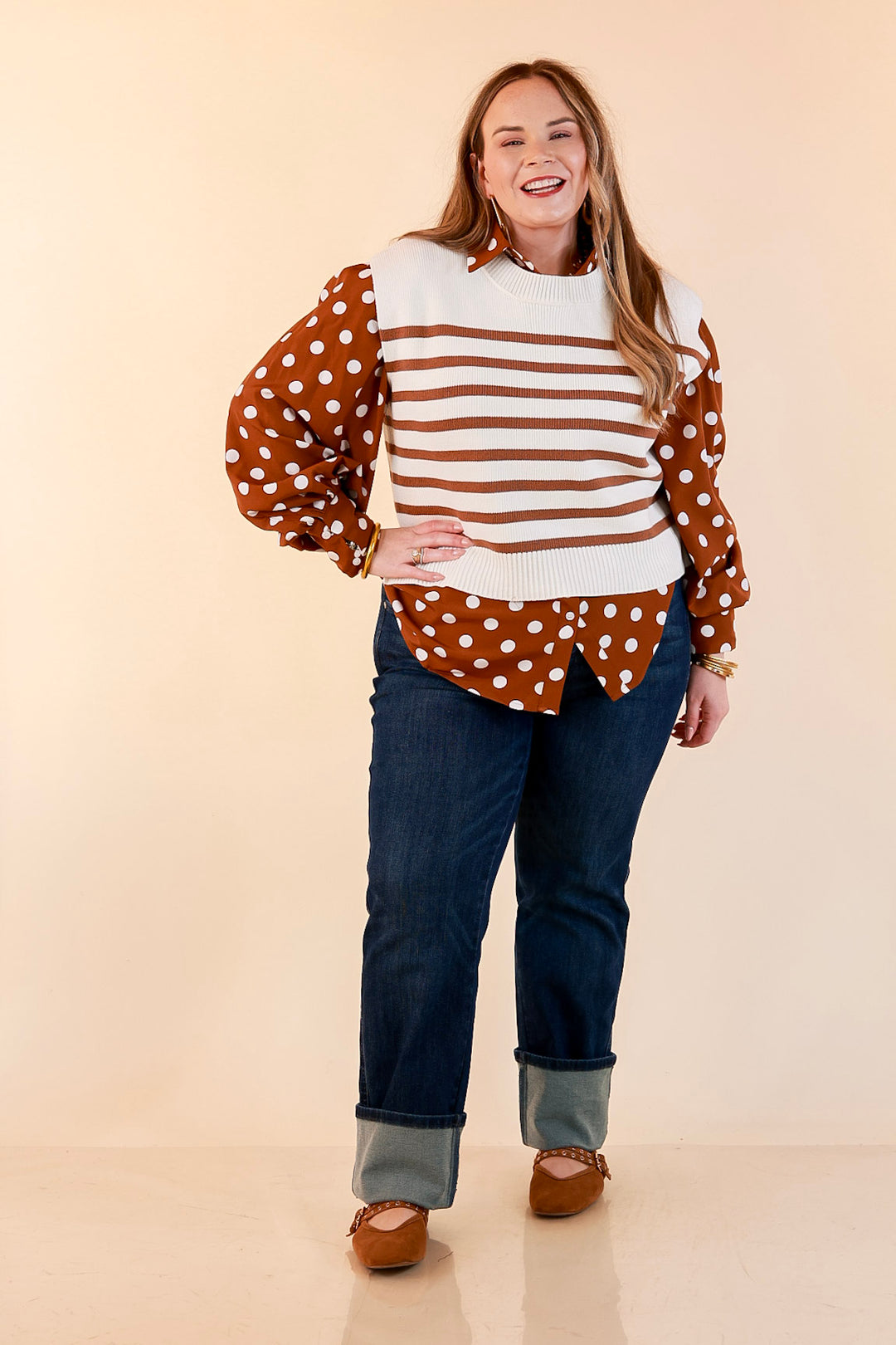 Stripe Things Up Drop Shoulder Knit Sweater in White with Tan Stripes