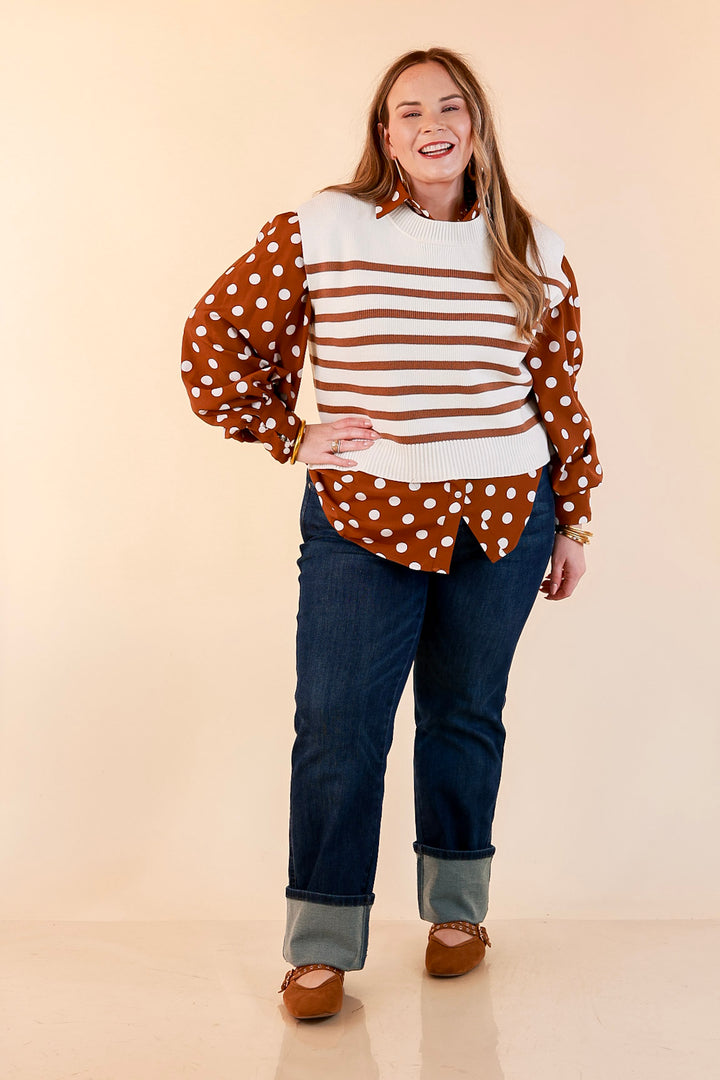 Stripe Things Up Drop Shoulder Knit Sweater in White with Tan Stripes