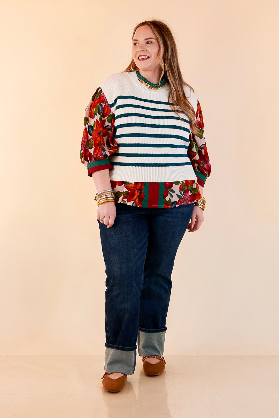 Stripe Things Up Drop Shoulder Knit Sweater in White with Teal Blue Stripes