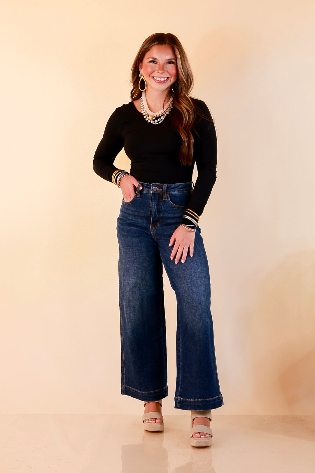 Judy Blue | Wide Open Style Ankle Length Cropped Wide Leg Tummy Control Trouser Denim Jeans in Dark Wash