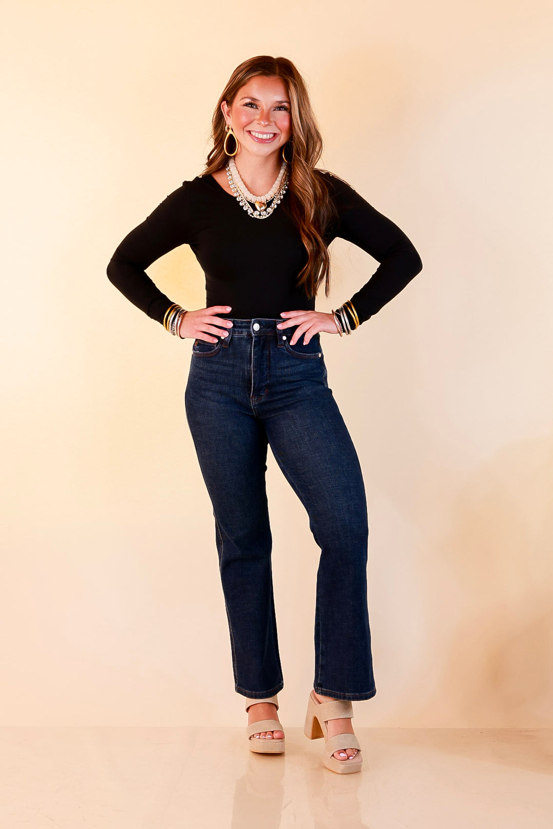 Judy Blue | Kick it Classic Tummy Control Cropped Kick Flare Jean in Dark Rustic Indigo Wash