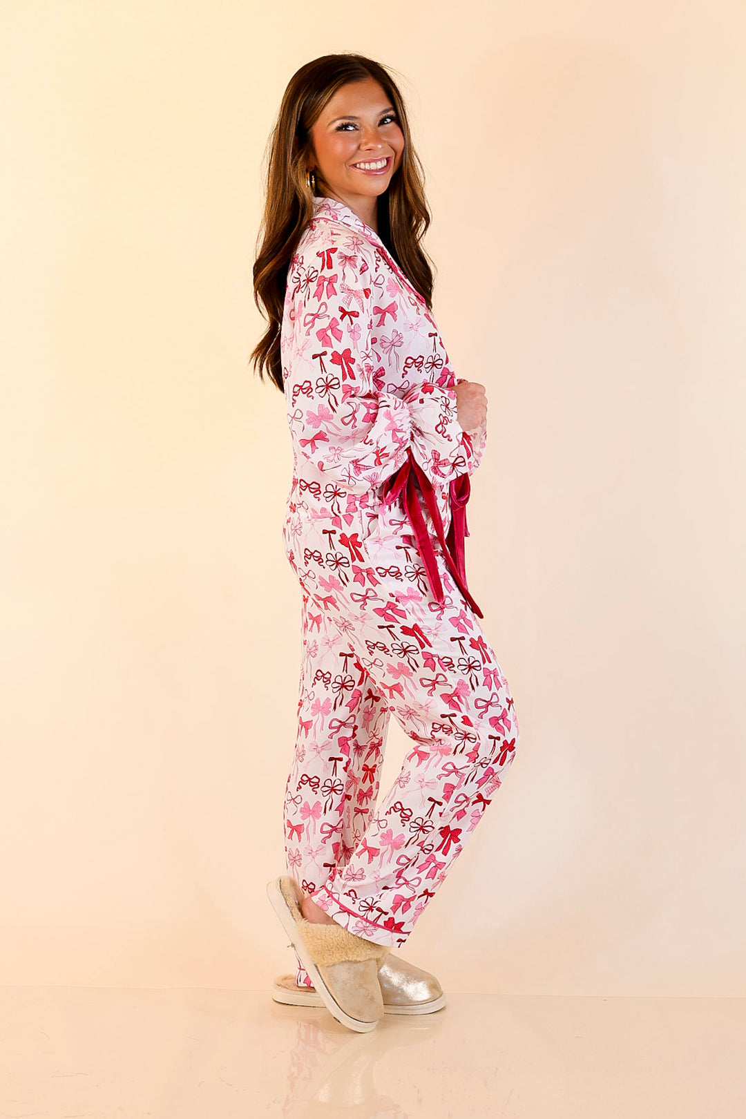 Simply Southern | Sweet Slumber Matching PJ Satin Set with Pink Bow Detailing in Ivory