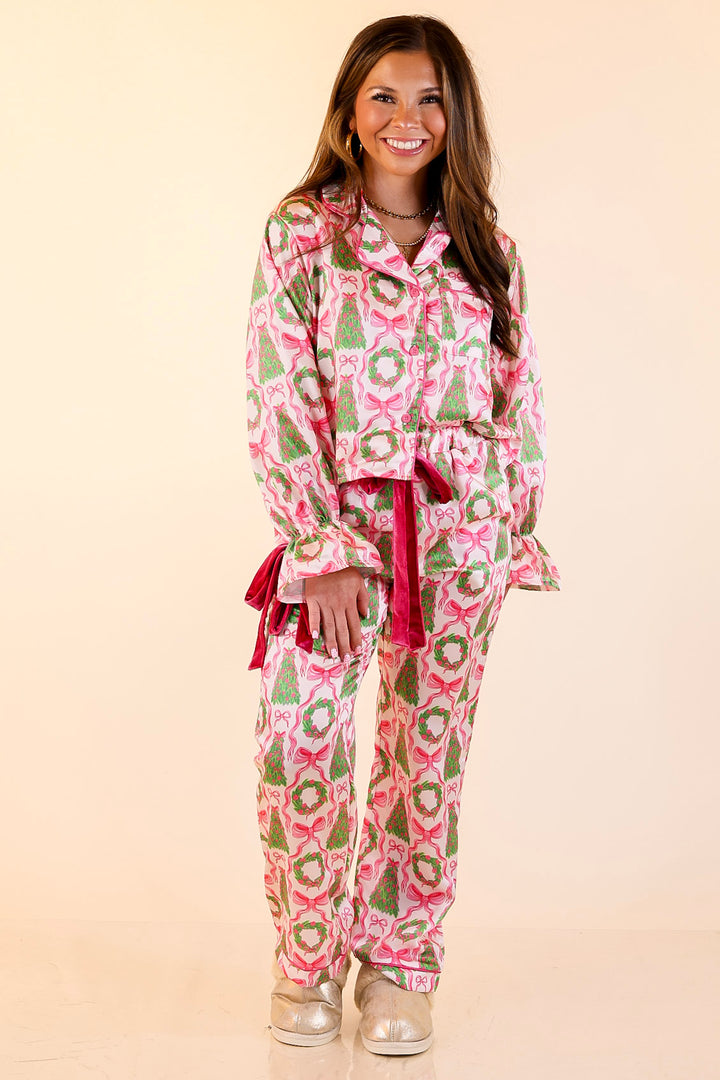 Simply Southern | Sweet Slumber Matching PJ Satin Set with Bow Detailing and Christmas Trees in Ivory