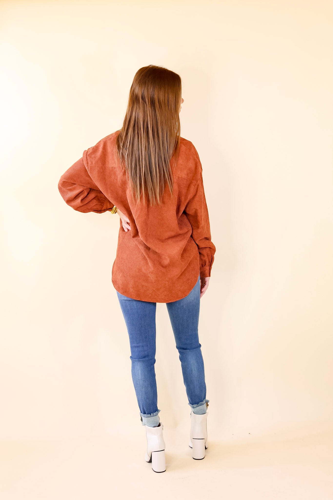 All Dolled Up Button Up Corduroy Shacket in Rust Brown - Giddy Up Glamour Boutique
