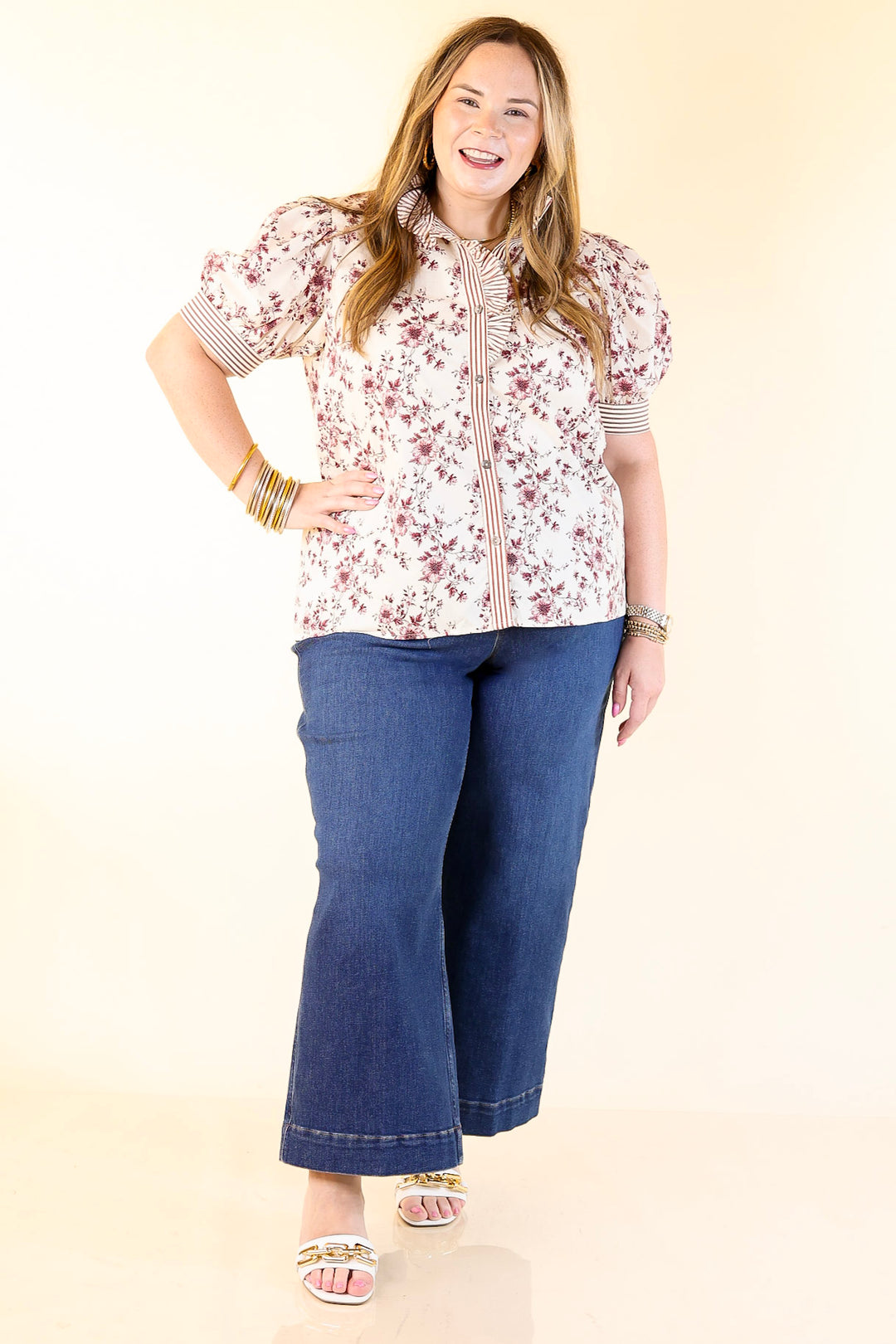 Timeless Beauty Button Up Puff Sleeve Top with Maroon Floral French Toile Print in Cream