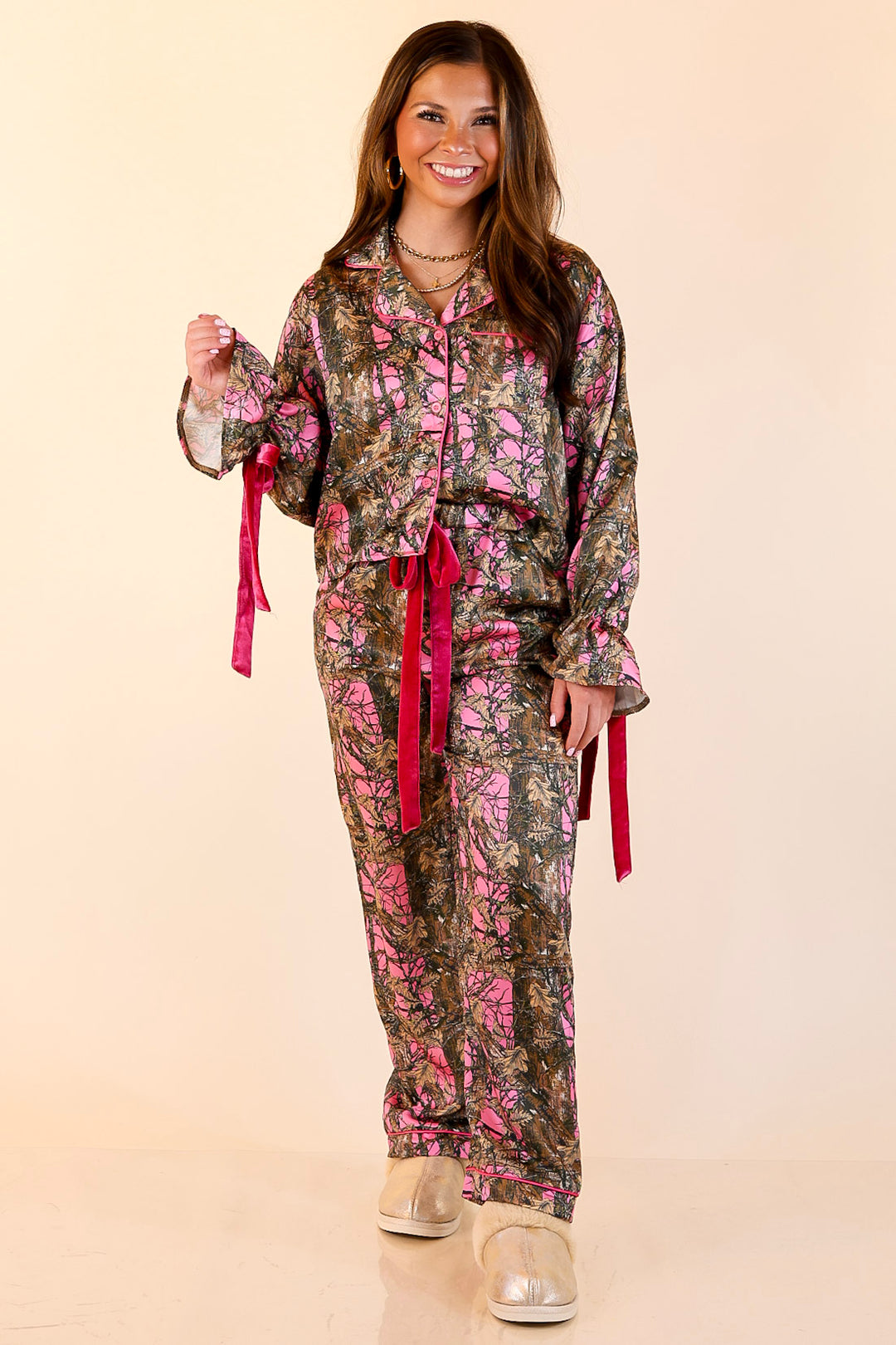 Simply Southern | Sweet Slumber Matching PJ Satin Set with Bow Detailing in Pink Camoflauge