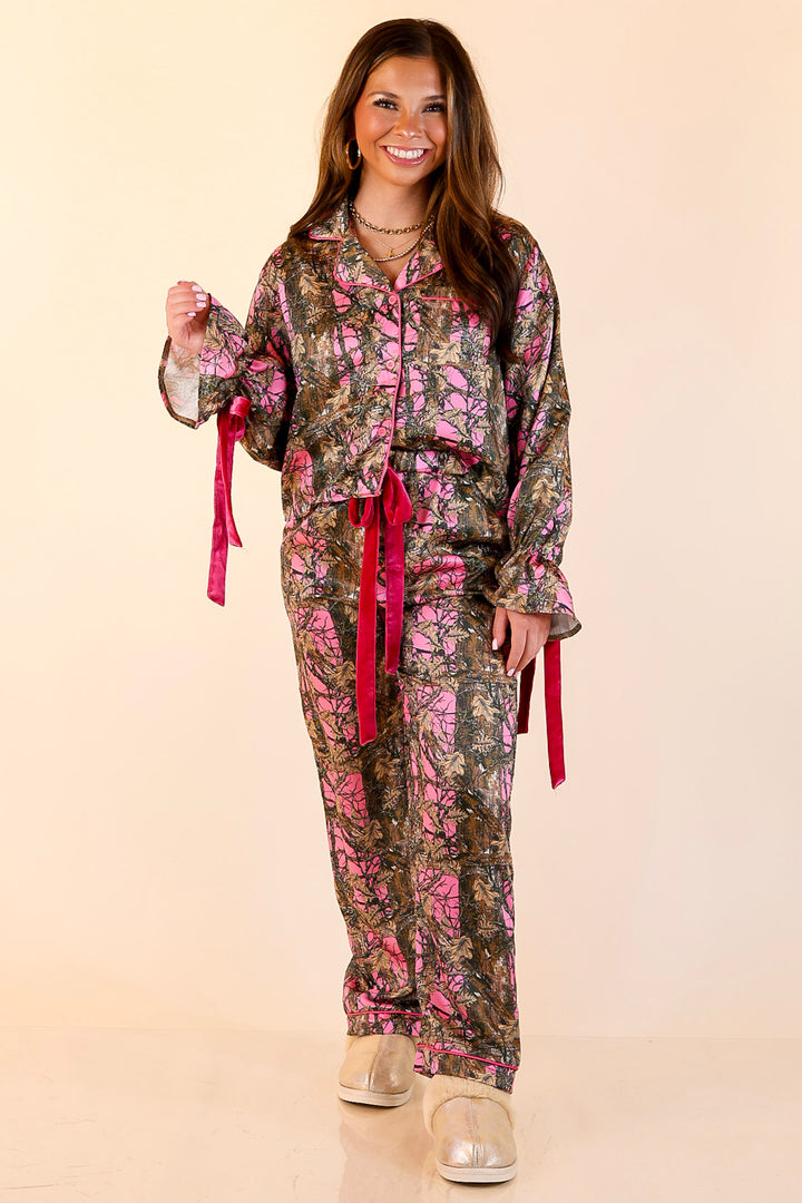 Simply Southern | Sweet Slumber Matching PJ Satin Set with Bow Detailing in Pink Camoflauge