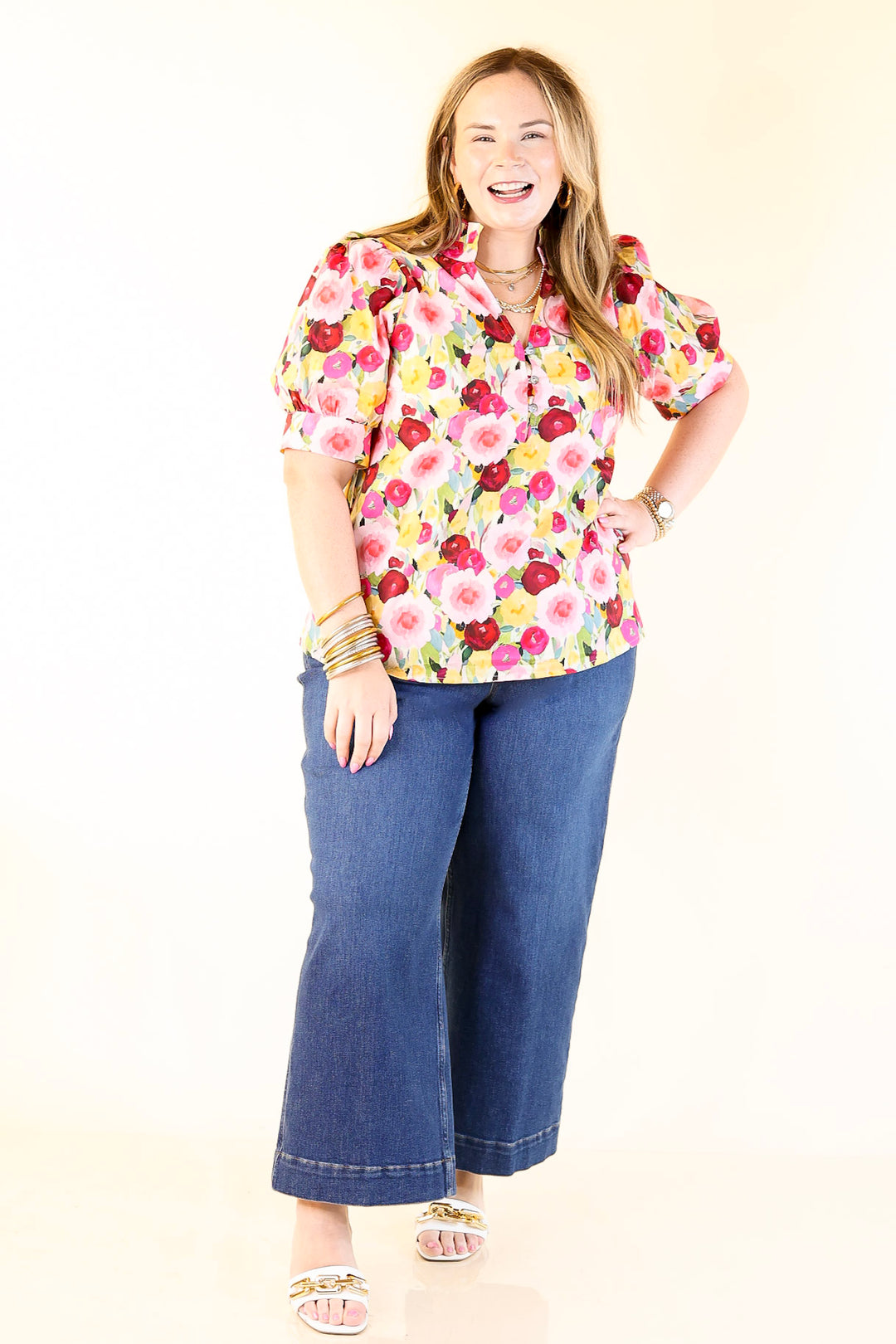 Brighter Blooms Ahead Floral Print Top with Ruffle Collar and Puff Sleeves in Multi
