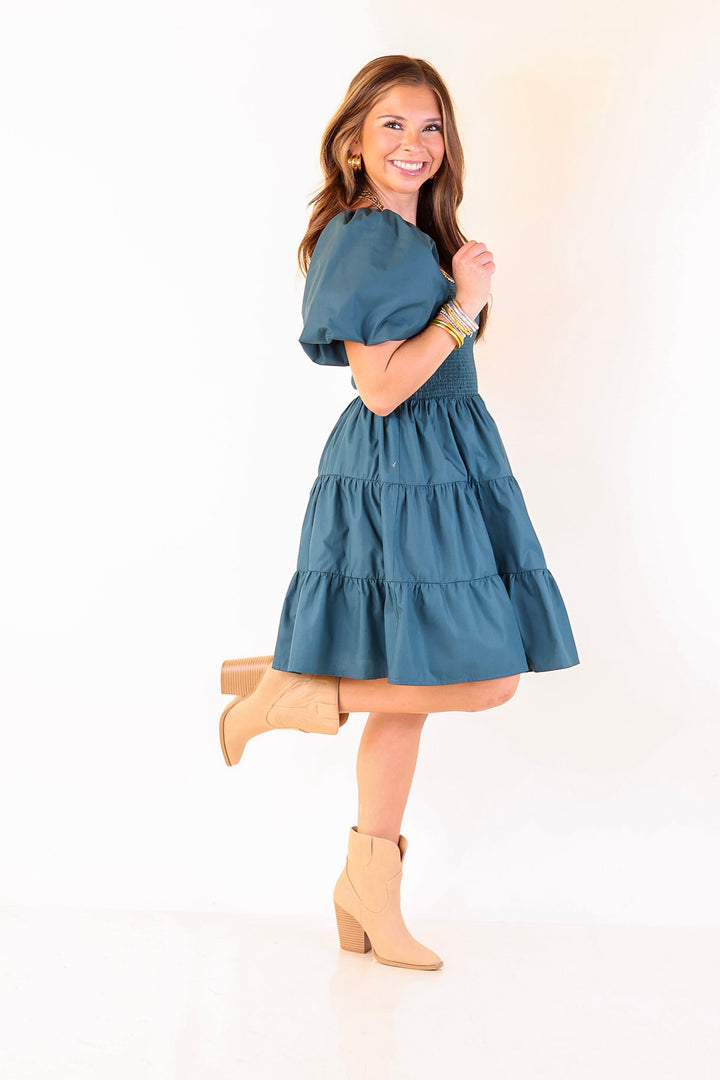Trust Me Balloon Sleeve Dress in Teal Blue
