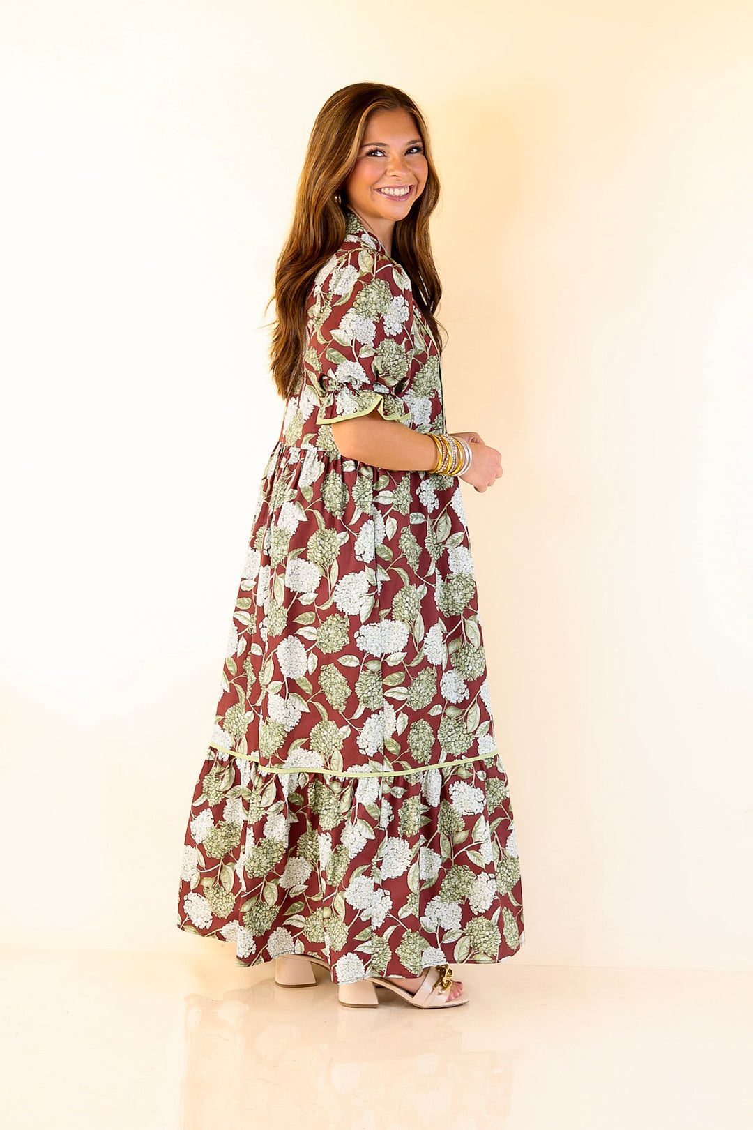 Petals & Poetry Hydrangea Floral Puff Sleeve Tiered Maxi Dress in Maroon