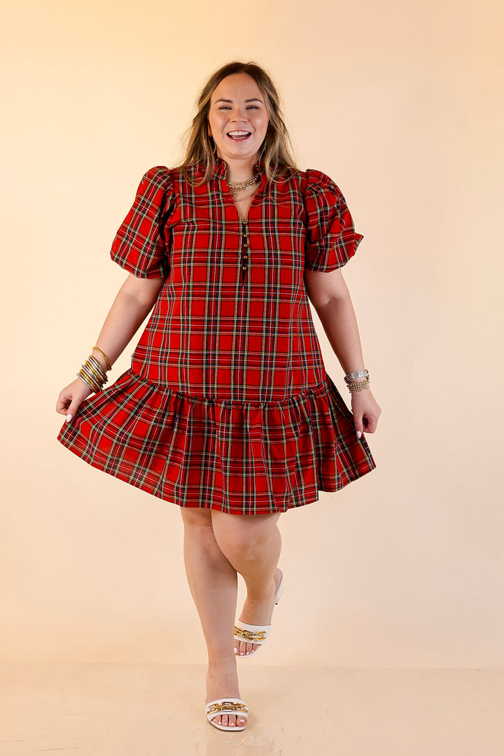 Polished in Plaid Peplum Skirt Dress with Pockets and Puff Sleeve in Red