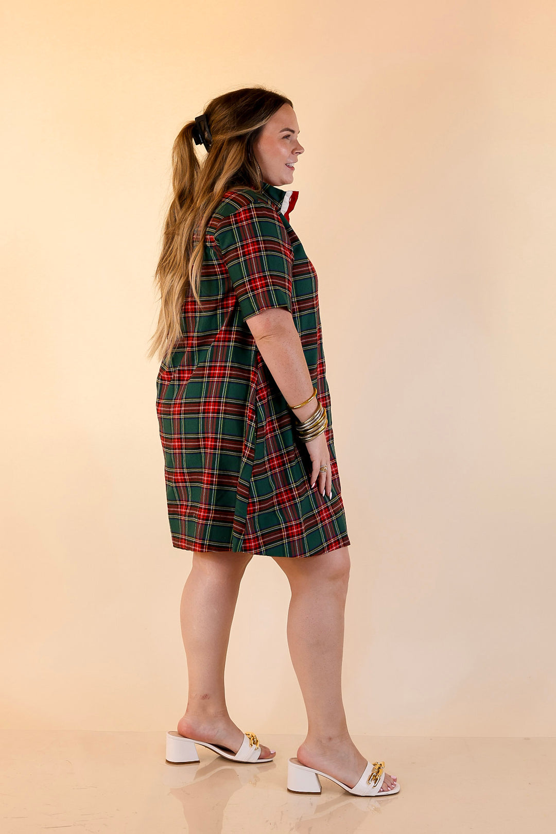 Seasonal Shift Plaid Dress with Pockets and Button Detailing in Green