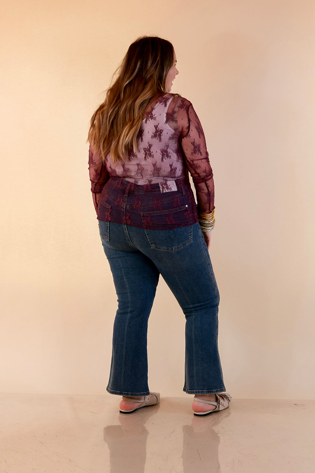 Delicate Charm Long Sleeve Sheer Lace Top with Mock Neck in Dark Purple