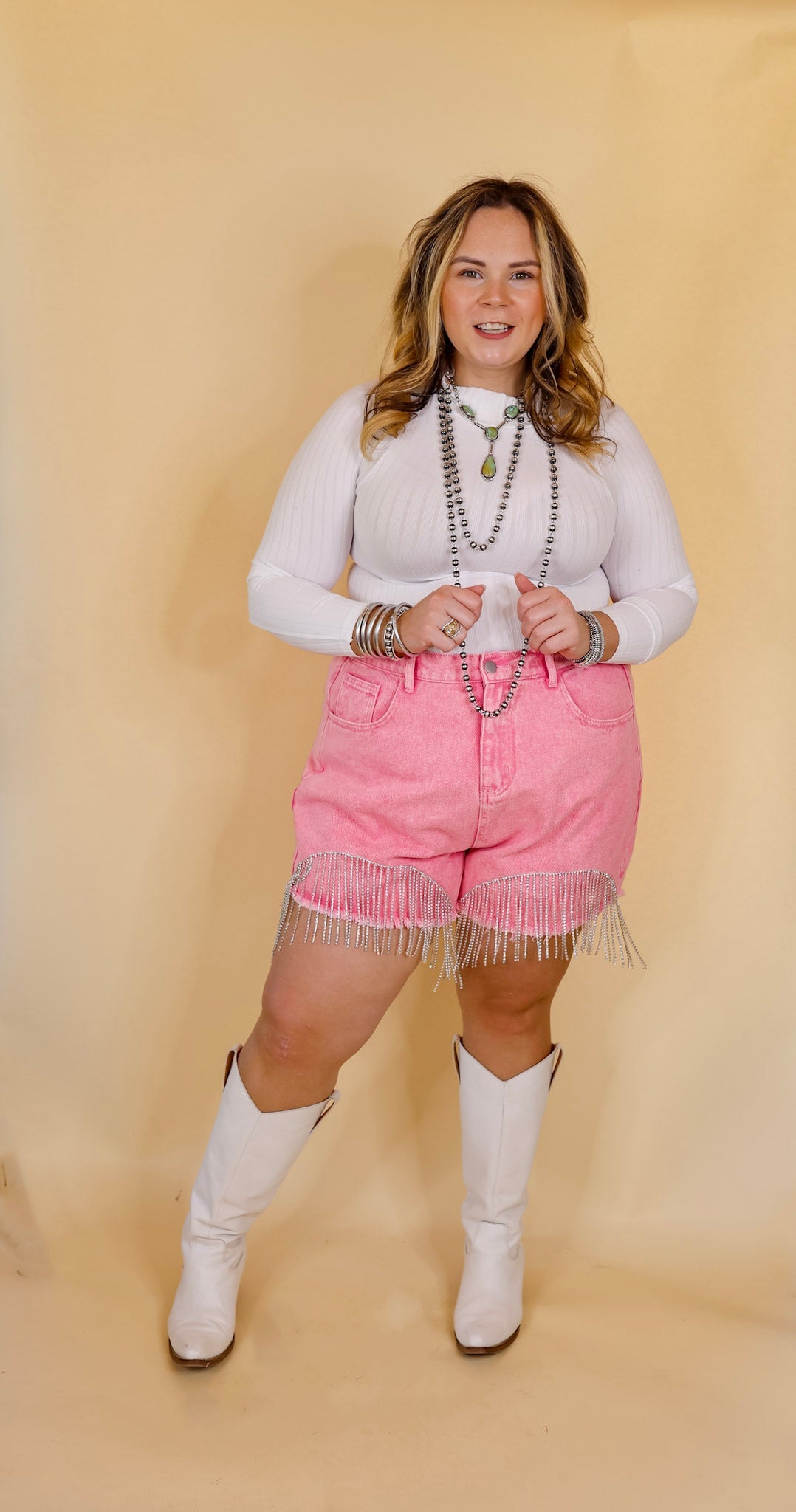 Saddle Up Crystal Fringe Distressed Denim Shorts in Pink - Giddy Up Glamour Boutique